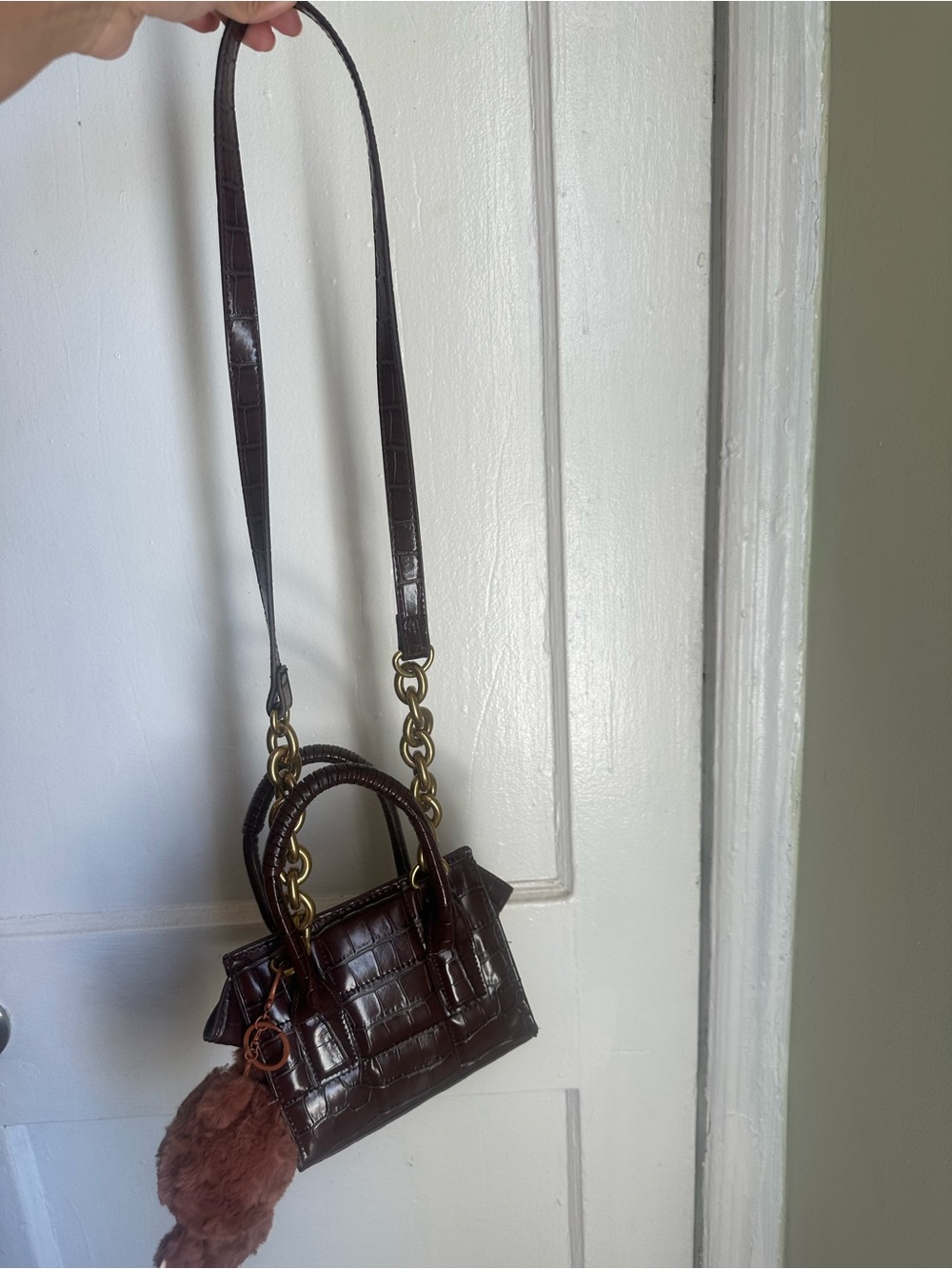 Zara Dark Brown Croc-Embossed Top-Handle Bag - Picture 3 of 7